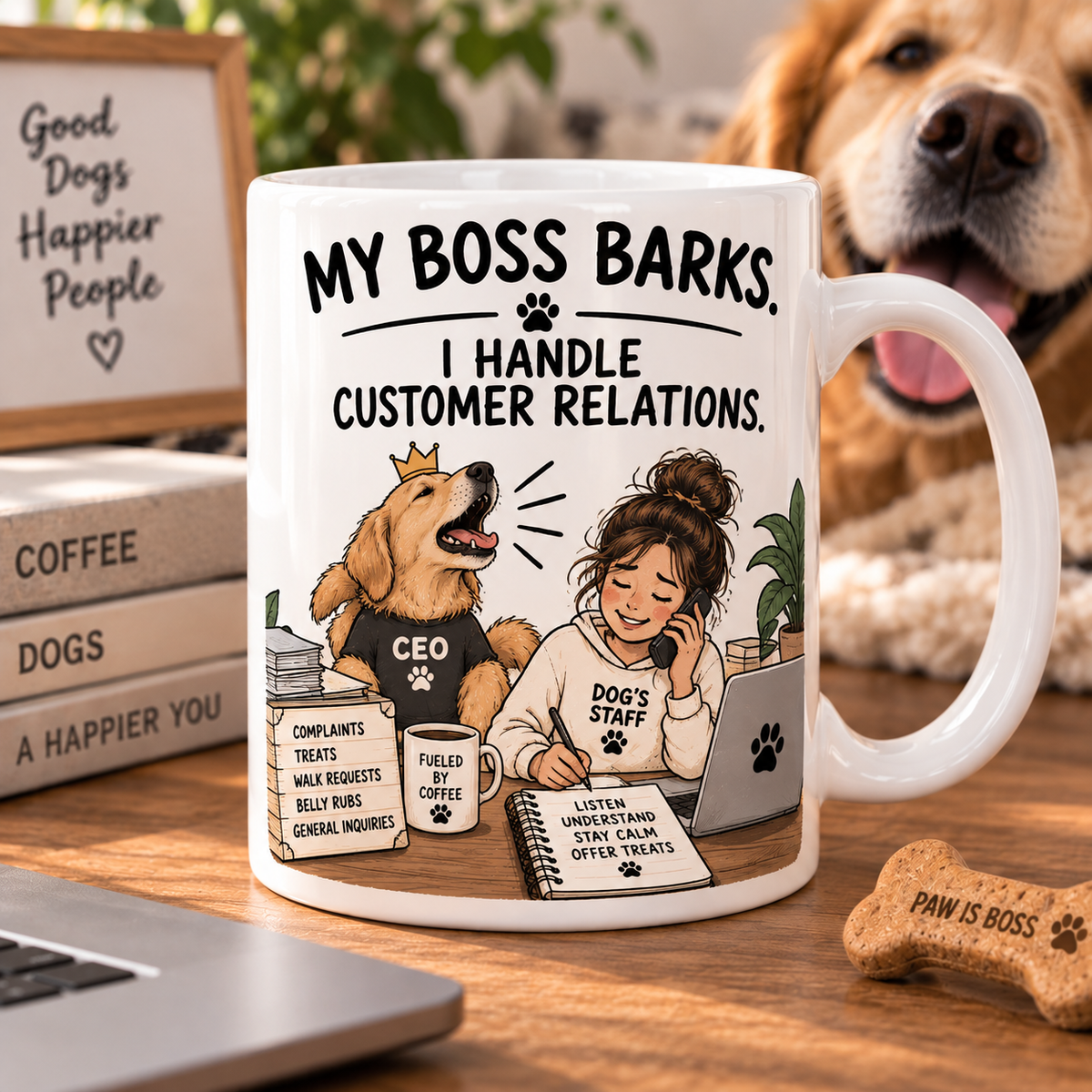 My Boss Barks I Handle Customer Relations Mug – Funny Dog Lover Coffee Mug, Dog Mom & Dog Dad Gift