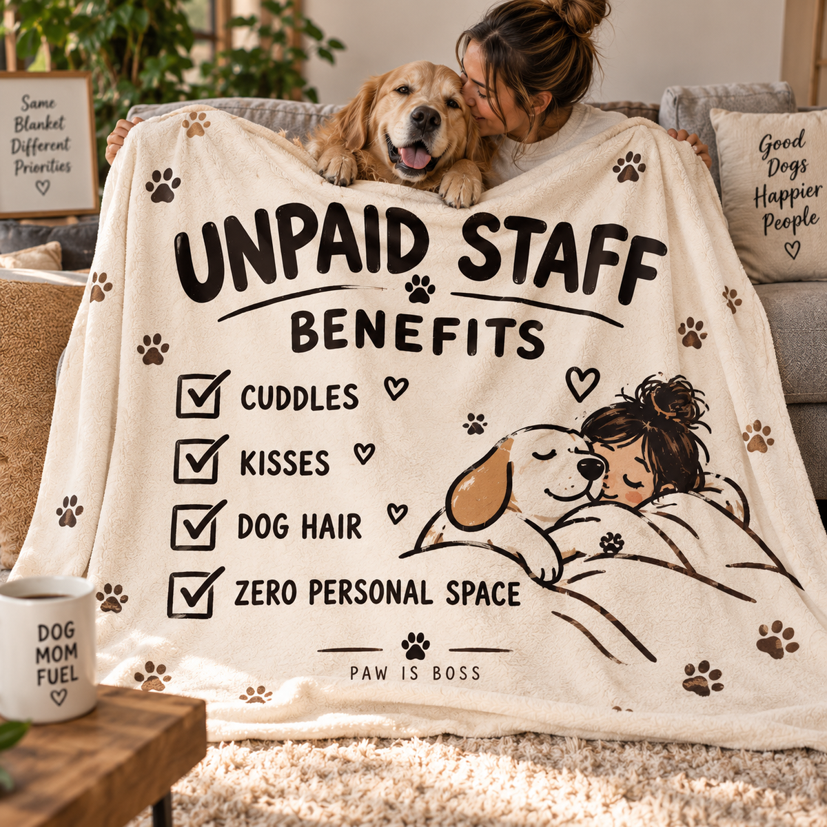 Unpaid Staff Benefits Dog Blanket – Funny Dog Mom Gift, Personalized Dog Lover Throw